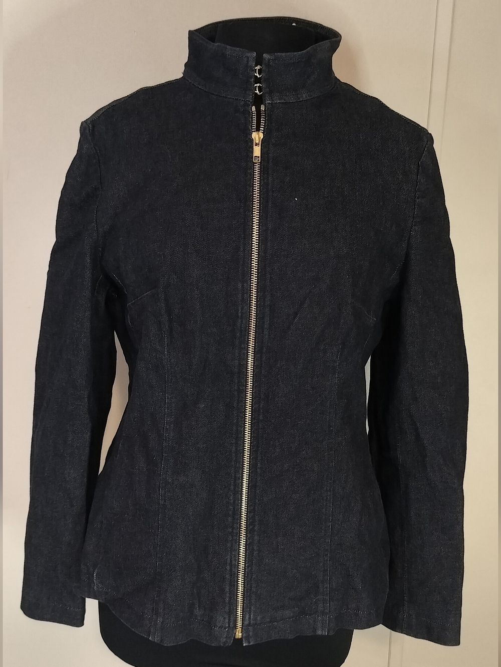Nine West Dark Blue Denim Zip Jacket with Stand Collar